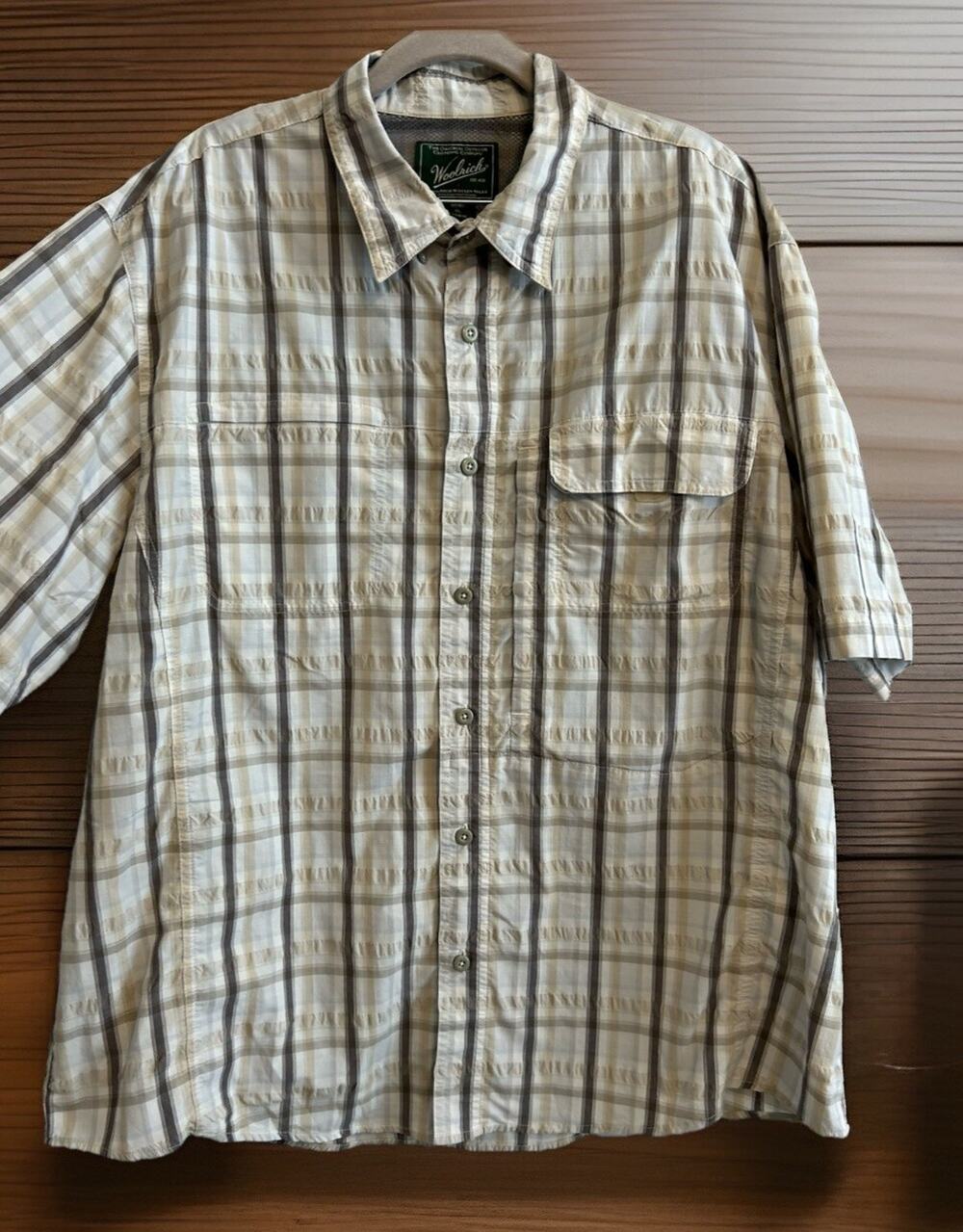 Woolrich Fishing Shirt Mens XL Plaid Short Sleeve Performance Hiking Outdoor